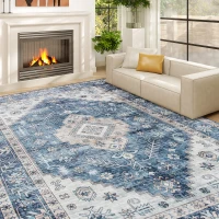 HOMCOM 9x12 Area Rug, Vintage Machine Washable Rug, Non-Slip Floor Carpet for Living Room, Bedroom, Dining Room, Blue(m-1)