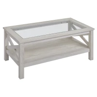 HOMCOM Farmhouse Coffee Table with Tempered Glass Table Top, 2-tier Center Table with Bottom Storage Shelf for Living Room, Bedroom(m-12)