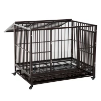 PawHut 42" Heavy Duty Dog Crate Metal Cage Kennel with Lockable Wheels, Double Door and Removable Tray, Brown(m-11)