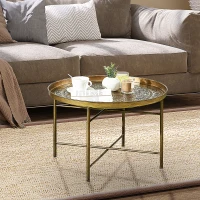 HOMCOM Vintage Coffee Table for Living Room, 24" Round Center Table with Hammered Tray Top and Metal Frame, Gold(m-10)