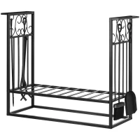 HOMCOM 29.5" x 11.75" x 23.5" Heavy Duty Firewood Wood Log Rack Vintage Design Firewood Storage Shelf w/ 4 Tools, Black(m-11)