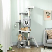 PawHut 65 Inch Cat Tree with 2 Doors Condos, Plush Top Perch, Hammock, Sisal Scratching Posts, 4 Pompoms, Ramp, Grey(m-8)
