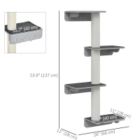 PawHut Wall-Mounted Cat Shelf with 4 Platforms and 3 Scratching Posts, Cat Wall Climber for Climbing and Lounging, Light Grey(m-3)