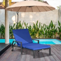 Outsunny Wicker Chaise Lounger PE Rattan Outdoor Lounge Chair Garden Chair Recliner with 5-Level Adjustable Backrest and 2 Wheels, Dark Blue(m-8)