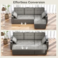 HOMCOM Convertible Sectional Sofa Bed, Pull Out Sleeper Sofa Couch with USB‑A+C, Chaise Storage, L-Shaped Futon Couch, Grey(m-4)