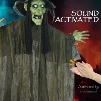 Outsunny Animatronics Hanging Witch, Voice-Activated Prop, Flashing Eyes & Wicked Laughter, Scary Halloween Decoration, Green(m-5)