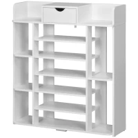 HOMCOM 7-Tier Shoe Rack, Shoe Storage Organizer with Drawer and 11 Open Shelves for 17 Pairs of Shoes, Space Saving Shoe Shelf for Hallway and Living Room, White(m-11)