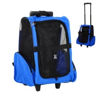PawHut Rolling Pet Carrier Backpack with Breathable Mesh, Side Pockets, Safety Buckle, for Cats & Small Dogs under 9 lbs, Blue(m-2)