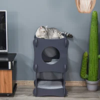 Pawhut Multi-level Wooden Cat House Kitten Bed Furniture with Removable Soft Cushion for Rest, Dark Grey(m-6)
