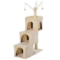 PawHut 3- Levels Plush Cat Tree Tower Ladder Shape Activity Center with Sisal Scratching Posts 3 Condos Funny Sticks and Balls, Beige(m-1)