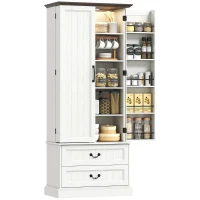 HOMCOM 72" LED Kitchen Pantry Cabinet, Buffet Storage Cabinet with 10 Door Shelves, 2 Drawers and Adjustable Shelves, White(m-9)