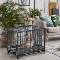 PawHut 36" Heavy Duty Dog Crate Metal Cage Kennel with Lockable Wheels, Double Door and Removable Tray, Gray(m-9)
