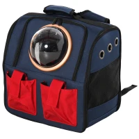 PawHut Foldable Pet Carrier Backpack with Two Storage Packets, Breathable Mesh, Transparent Window & Adjustable Shoulder Strap for Small Cats & Dogs Travel Hiking, Blue(m-1)