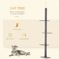 PawHut Floor-to-Ceiling Cat Tree Cat Climbing Tower with Sisal-Covered Scratching Posts Natural Cat Activity Center, Gray(m-4)
