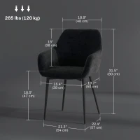 HOMCOM Dining Chairs Set of 2, Velvet-look Fabric Upholstered Kitchen Chairs with Backrest, Armrests and Steel Legs, Black(m-3)