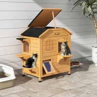 PawHut 2-Storey Outdoor Cat House, Wooden Catio with Openable Roof, Lounge Space, Fun Entrances, for Feral Cats, Yellow(m-1)