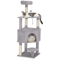 PawHut 54 Inch Cat Tree with Large Condo, Top Perch, Sisal Scratching Posts, Dangling Toy Ball,Light Grey(m-9)