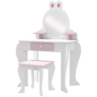 Qaba Kids Makeup Vanity Set with Stool, Mirror, Drawer, Storage Boxes, Rabbit Design, White(m-2)