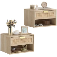 HOMCOM Floating Bedside Table Set of 2, Wall Mount Nordic Nightstands with Storage Drawer and Open Shelf for Bedroom, Oak(m-9)
