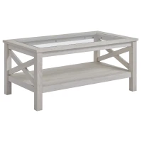 HOMCOM Farmhouse Coffee Table with Tempered Glass Table Top, 2-tier Center Table with Bottom Storage Shelf for Living Room, Bedroom(m-2)