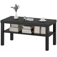 HOMCOM 2 Tier Coffee Table, Rectangular Center Table with Storage Shelf for Living Room, Home Office, Black(m-3)