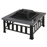 Outsunny 34" Outdoor Square Firepit Steel Stove Portable with Spark Screen Cover Log Grate Poker and Rain Cover for Outside Wood Burning and Camping Black(m-11)