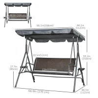 Outsunny 3-Seat Patio Swing Chair, Outdoor Canopy Swing Glider with Adjustable Shade, Rattan Seat and Steel Frame, for Porch, Garden, Poolside, Dark Grey(m-3)