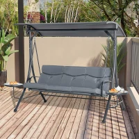 Outsunny 3 Seat Outdoor Swing Chair Steel Swing Bench Porch Swing With Adjustable Canopy, Coffee Tables and Cushion for Patio Garden, Dark Grey(m-2)