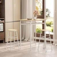 HOMCOM 3 Piece Counter Height Bar Table Set with 1 Table, 2 Matching Stools, Dining Table Set with Storage Shelf and Metal Frame Footrest, White and Oak(m-10)