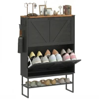 HOMCOM Narrow Shoe Storage Cabinet with 2 Flip Drawers, Slim Shoe Cabinet for 15-20 Pairs, Black Wood Grain(m-9)