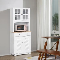 HOMCOM Coastal Style Kitchen Buffet and Hutch Wooden Storage Cupboard with Framed Glass Door LouveredCabinet  Drawers Microwave Space for Dining Room  Living Room  White(m-2)
