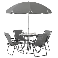 Outsunny 6 Pieces Patio Dining Set with Umbrella, Patio Furniture Set with Folding Chairs, Glass Table for Garden Backyard, Grey(m-9)