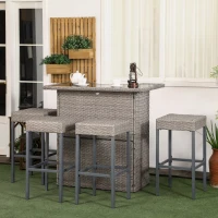 Outsunny 5 Pieces Patio Bar Set, Outdoor PE Rattan Wicker High Top Outdoor Table and Chairs Outdoor Bar Set with Tempered Glass Top Bar Table and Shelves, 4 Bar Chairs, Grey(m-1)