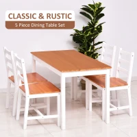 HOMCOM Dining Table Set for 4, 5 Piece Pine Wood Kitchen Table with High Back Chairs, Rectangular Table and 4 Armless Chair, White and Natural Wood(m-5)