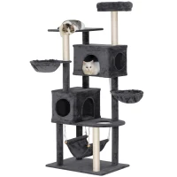 PawHut 66 Inch Large Cat Tree with 2 Door Condos, 3 Big Hammocks, Plush Top Perch, Sisal Scratching Posts, Dark Grey(m-9)