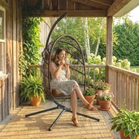 Outsunny Hanging Egg Chair with Stand, Foldable Wicker Rattan Swing Chair with Thick Cushion and Safety Rope, Brown(m-1)