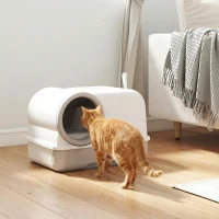 PawHut Cat Litter Box Easy Clean Drawer Odor Control Hooded Cat Litter Tray with Scoop White and Grey(m-8)
