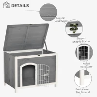 PawHut Foldable Wooden Dog House Raised Puppy Cage Kennel Cat Shelter for Indoor & Outdoor w/ Lockable Door Openable Roof Removable Bottom for Small and Medium Pets Grey(m-5)