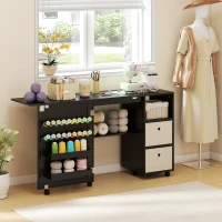 HOMCOM Rolling Sewing Machine Table with Power Outlet, Folding Craft Table with 2 Fabric Drawers, 2 Bins and 18 Pegs, Black(m-1)