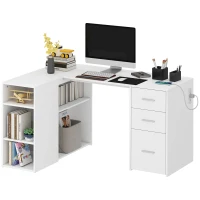 HOMCOM L Shaped Desk, 55" Corner Computer Desk with Power Outlets, File Drawer, 2 Drawers, Adjustable Shelves, White(m-13)