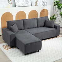 HOMCOM Corner Sofa with Changeable Chaise, Corduroy L-Shaped Sectional Sofa with Pocket Spring, 2 Pillows, Charcoal Grey(m-8)