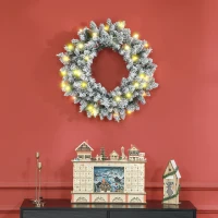 HOMCOM 24" Christmas Front Door Wreath with Lights Flocked Christmas Wreath with Pine Cones and Berries for Windows Green(m-8)