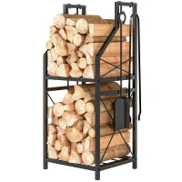 Outsunny Firewood Rack with 4 Fireplace Tools, 2-Tier Metal Log Holder with Hooks, 132 lbs Capacity for Indoor Outdoor, Black(m-2)