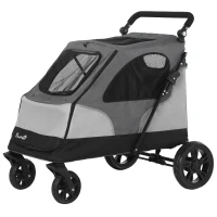 PawHut Pet Stroller Foldable Dog Cat Carriage with Adjustable Handlebar Rear Door EVA Wheel Brake Storage Bag Mesh Window Safety Leash Grey(m-11)