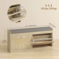HOMCOM Shoe Bench with Flip Doors, Seat Cushion, Adjustable Shelves for 8 Pairs, Boho Entryway Bench for Bedroom, Natural Wood(m-3)