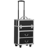 HOMCOM Aluminum Rolling Makeup Train Case, Portable Professional Cosmetic Makeup Case, Lockable Traveling Cart Trunk with Folding Trays, Swivel Wheels and Keys, Black(m-11)