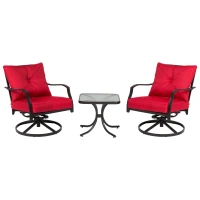 Outsunny 3pcs Outdoor 360° Swivel Metal Rocking Chair with Toughened Glass Coffee Table Set Garden Rocker & Tea Table Set w/ Cushion Red(m-11)