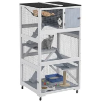PawHut 34" L Catio Outdoor Cat Enclosure on Wheels with Hammock Multiple Platforms Resting Condo Ramps for 1-3 Cats, Light Grey(m-9)