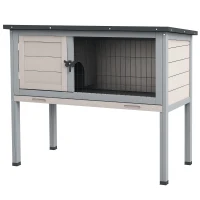 PawHut Wooden Rabbit Hutch with Openable Asphalt Roof, Tray, Light Grey(m-9)
