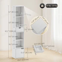 HOMCOM 6-Tier Bookcase, Tall Narrow Bookshelf with Drawer and Door, White(m-3)